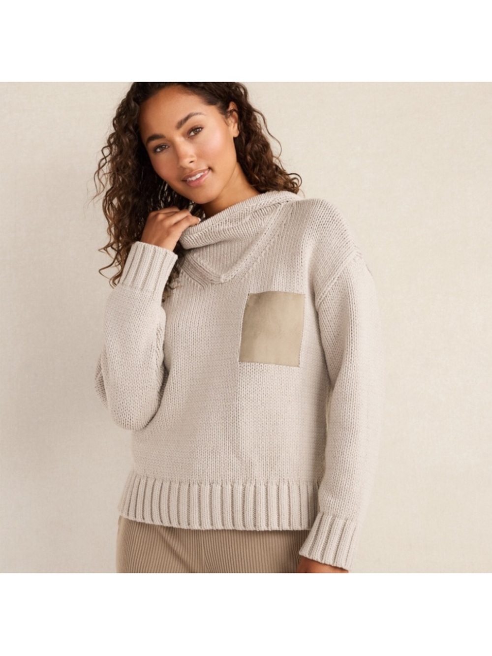 Women's Cream Cowl Neck Pocket Sweater